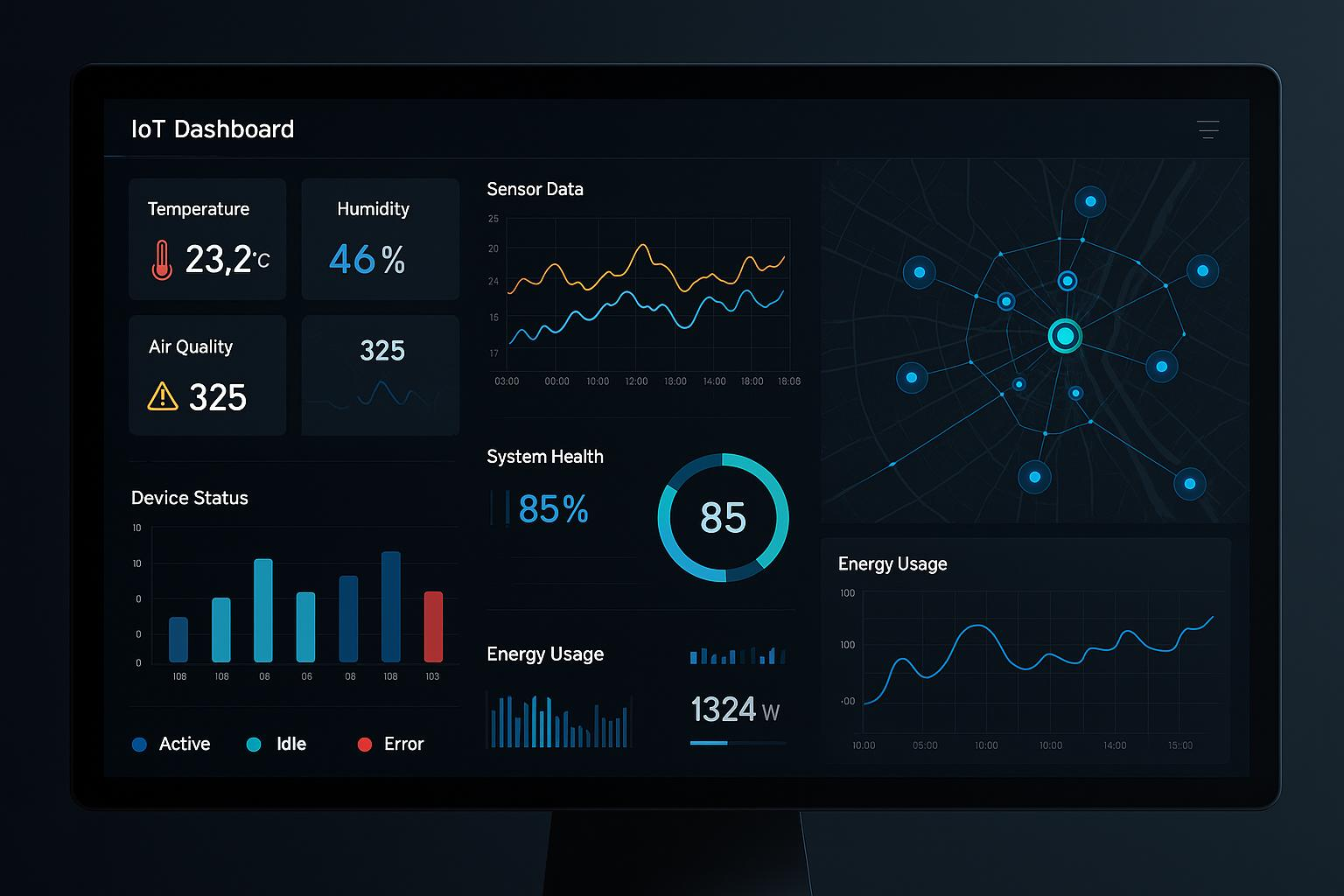 Primer IoT kontrolnog panela sa podacima senzora, statusima uređaja i grafikonima